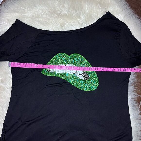 Magic Mk black/green sequins lip 3/4 sleeved blouse sz Large - Picture 6 of 7